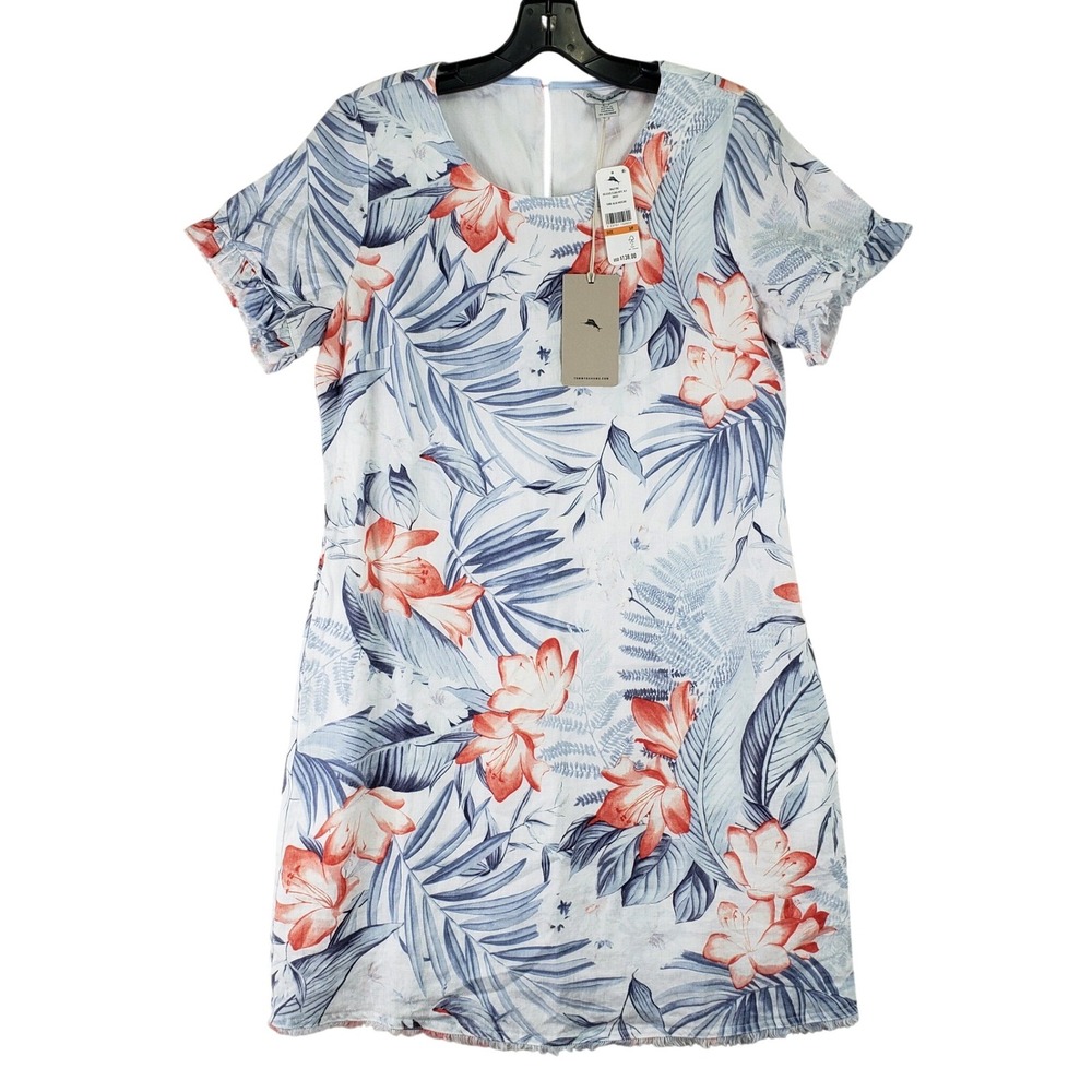 Tommy Bahama Delicate Flora Ruffle Sleeve Dress Womens S Blue Tropical Linen